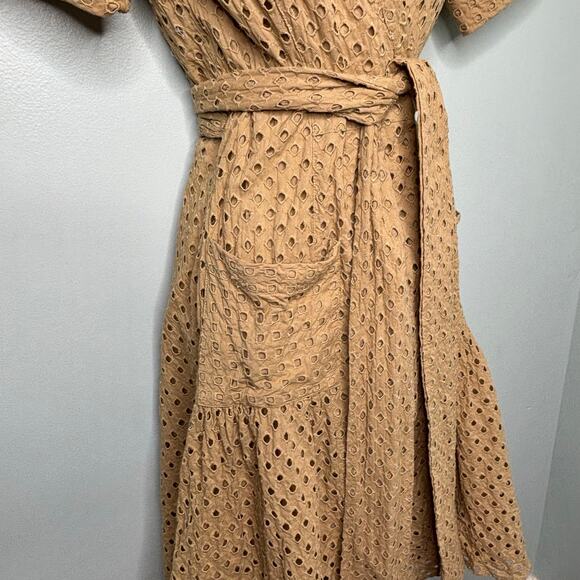 Diane Von Furstenburg Taffy Tan Eyelet Lace Wrap Cotton Belted Midi Dress 6 - Picture 7 of 11